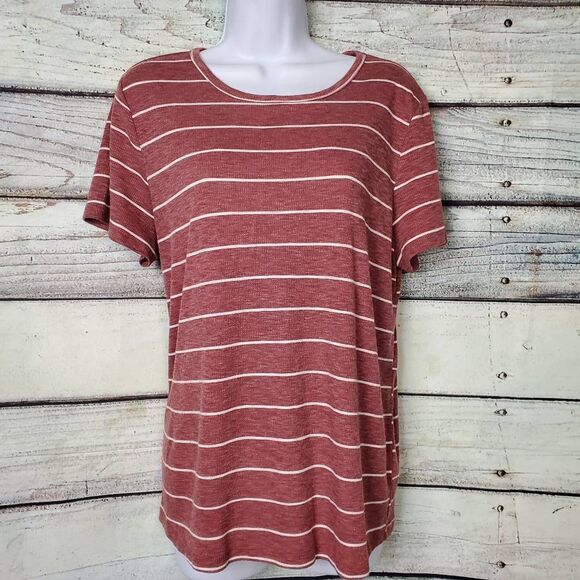Maurices 24/7 Women’s Rust Red White Striped Short Sleeve Tee Size 1X - Picture 1 of 7